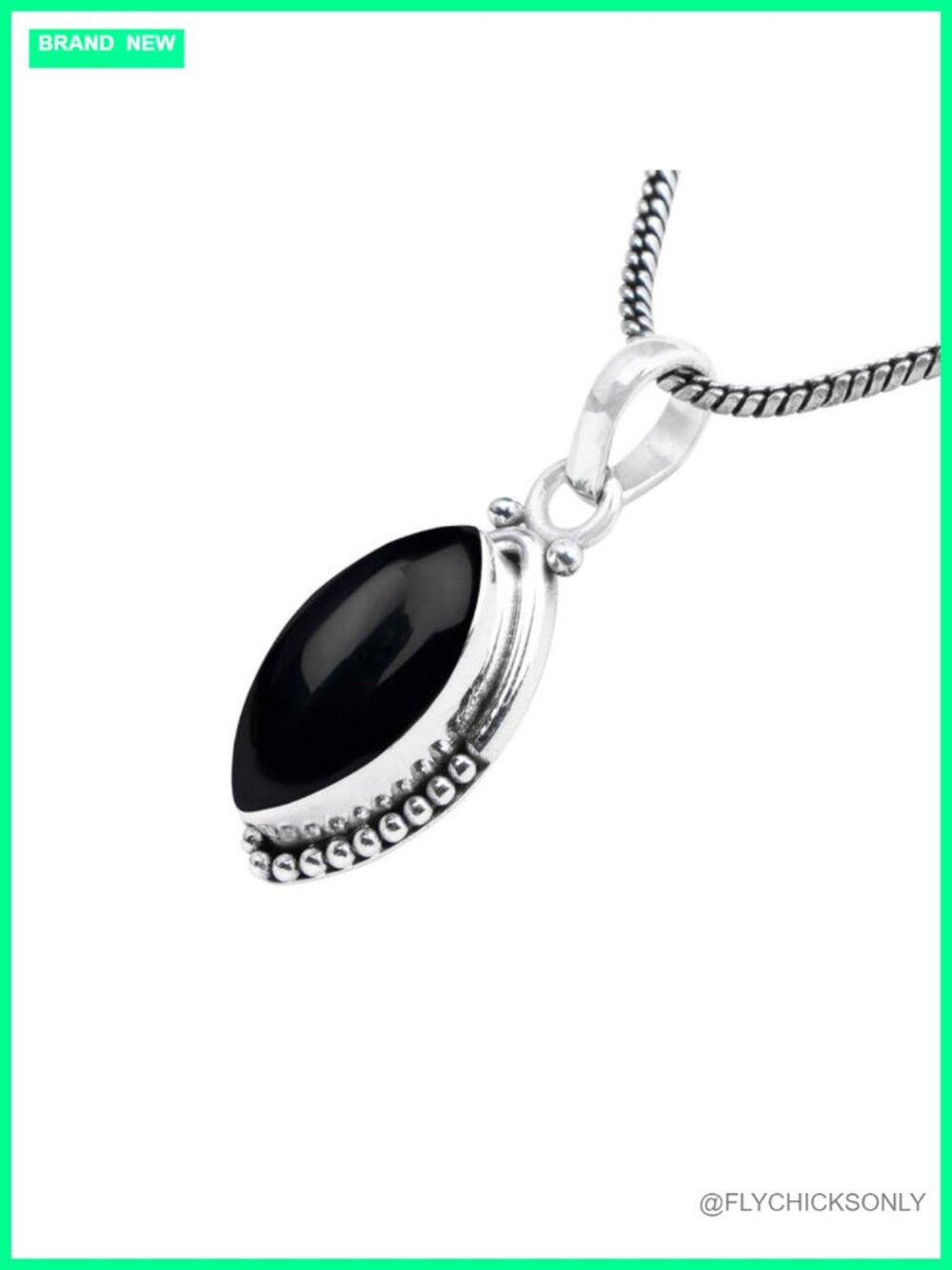 Natural Black Onyx Marquise Pendant Necklace Silver Boho Handmade Gift